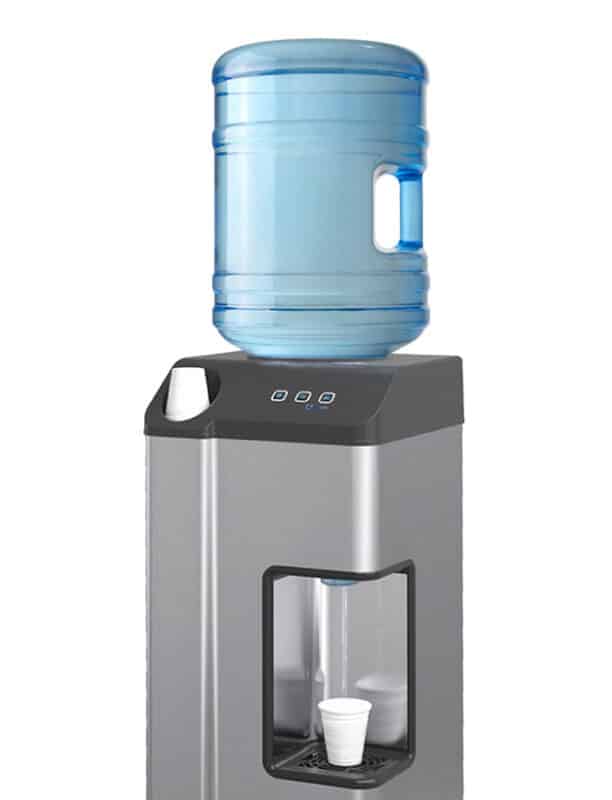Close up of an Aquality bottled water cooler on white background