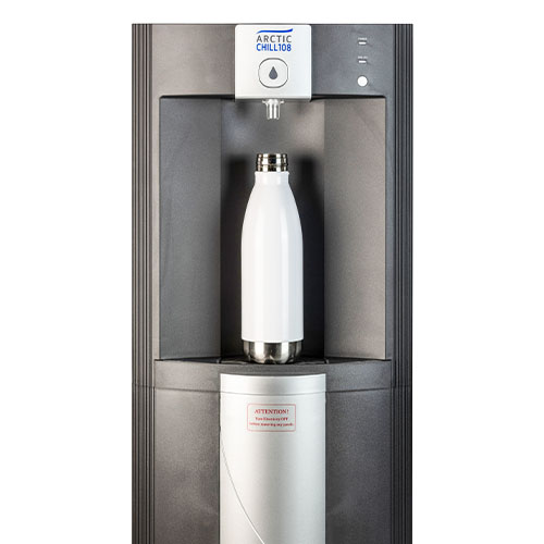Close up of an Arctic Chill 108 chilled water cooler with white bottle on white background