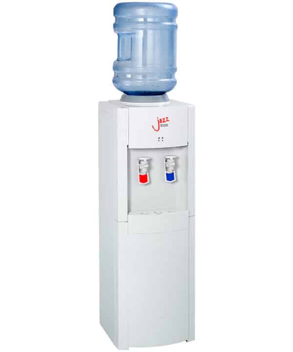 A bottled Jazz 1100 hot and cold water cooler on white background