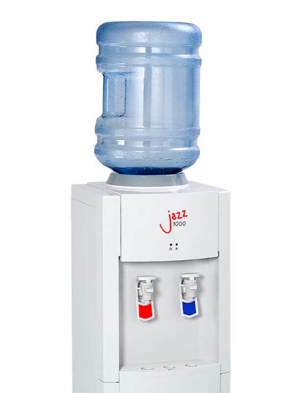 Close up of a bottled Jazz 1100 hot and cold water cooler on white background