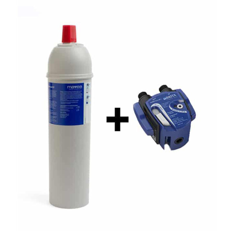 Brita Filter and valved filter head on white background