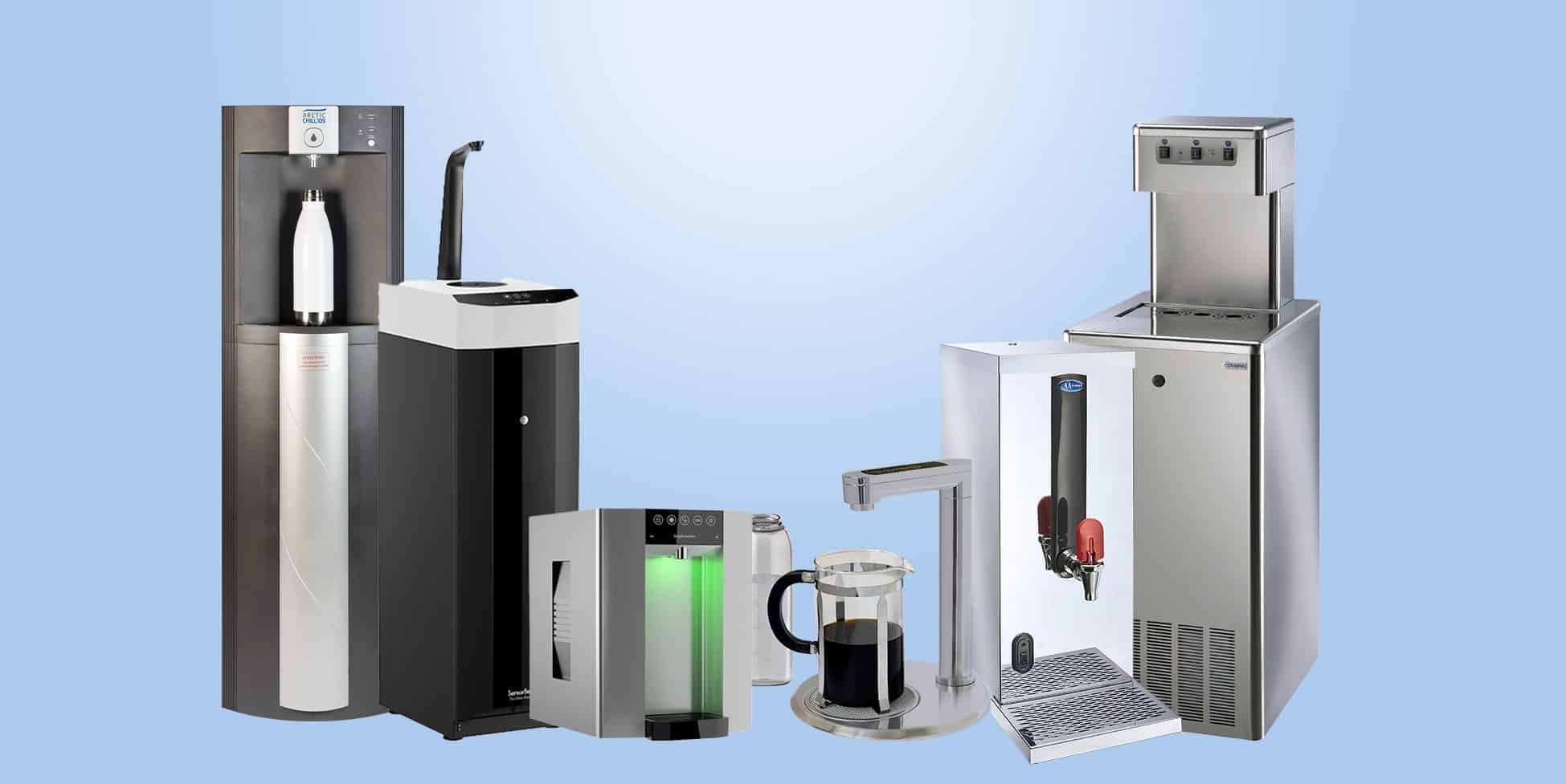 Mains-Fed Water Coolers for Offices and Businesses on a blue banner showing water coolers and water boilers