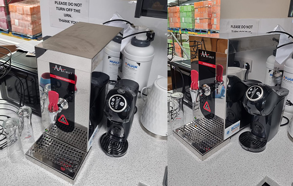 A Powersmart 3 table top water boiler on an office kitchen worktop