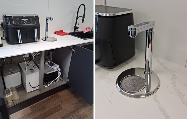 A hot and cold EZYTAP installed into a worktop at in an office kitchen