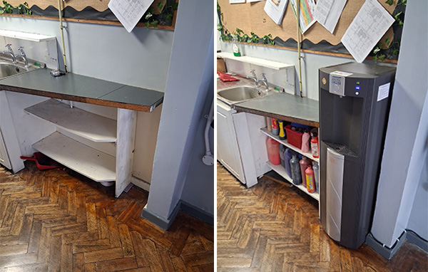 Water cooler within an office setting next to a worktop