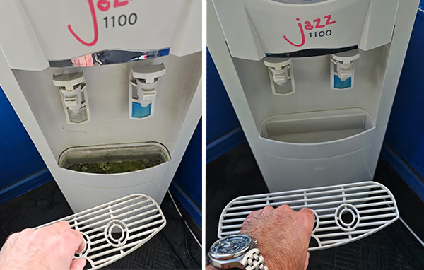 A before and after photo of a cleaned and sanitised table top Jazz 1100 water cooler