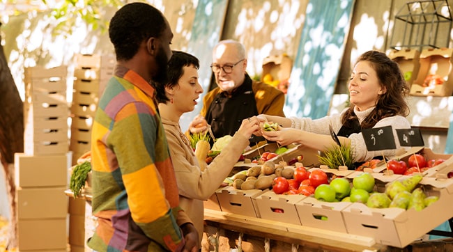 2 people buying fruit from a market stall